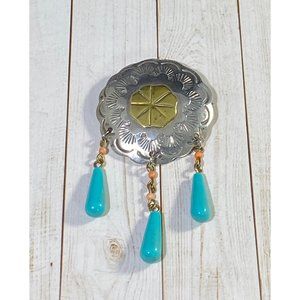 925 Mexico Laton Etched Brooch Pin Turquoise Dangle Beaded Designer Signed